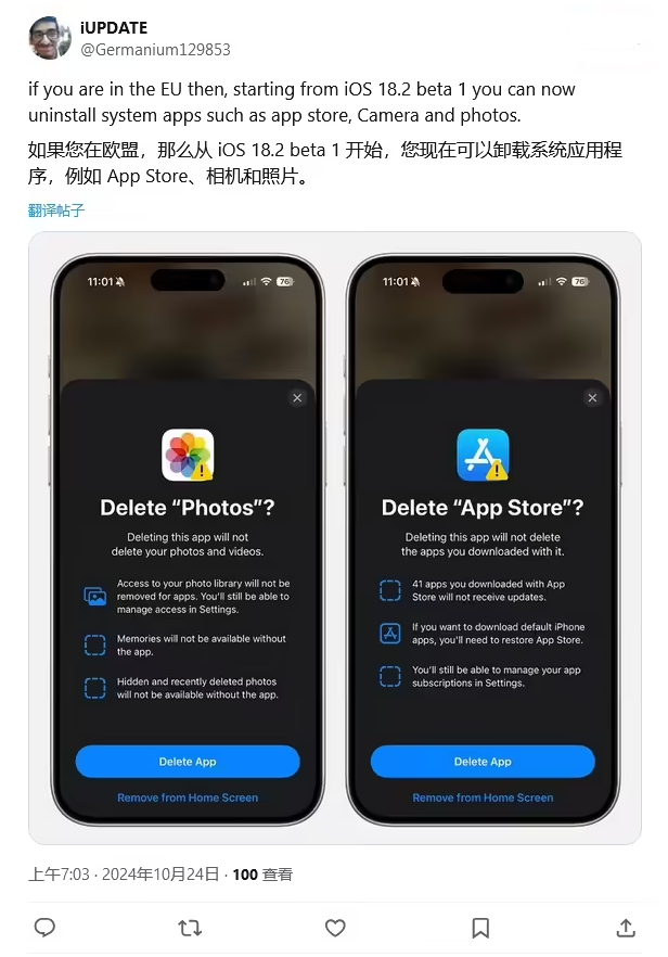 贵定苹果手机维修分享iOS 18.2 支持删除 App Store 应用商店 