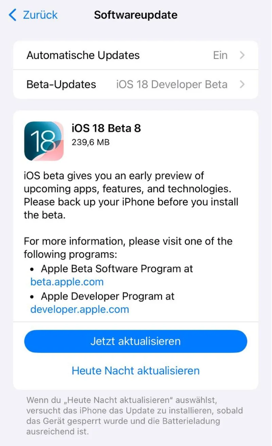 贵定苹果手机维修分享苹果 iOS / iPadOS 18 开发者预览版 Beta 8 发布 